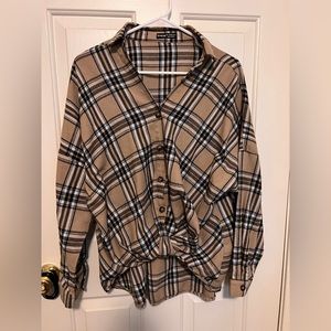 Plaid Drop Shoulder Button Up Blouse